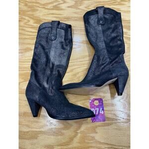 Larroude Louise Women's 5.5 Black Metallic Suede Leather Mid-Calf Con Heel Boots